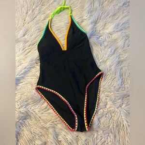 Black Halter Swimsuit with Neon Trim